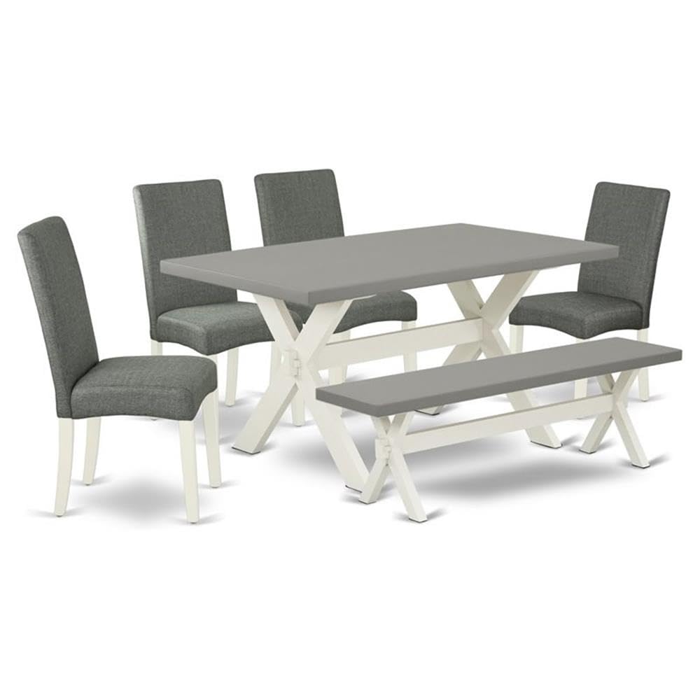 East West Furniture X096Dr207-6 6 Piece Dining Room Table Set Contains A Rectangle Kitchen Table With X-Legs And 4 Gray Linen Fabric Parson Chairs With A Bench, 36X60 Inch, Multi-Color